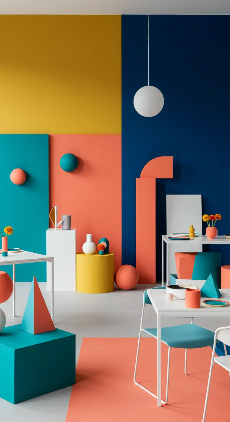 Moderne kinderverjaardag met kleurblokken en geometrische vormen.