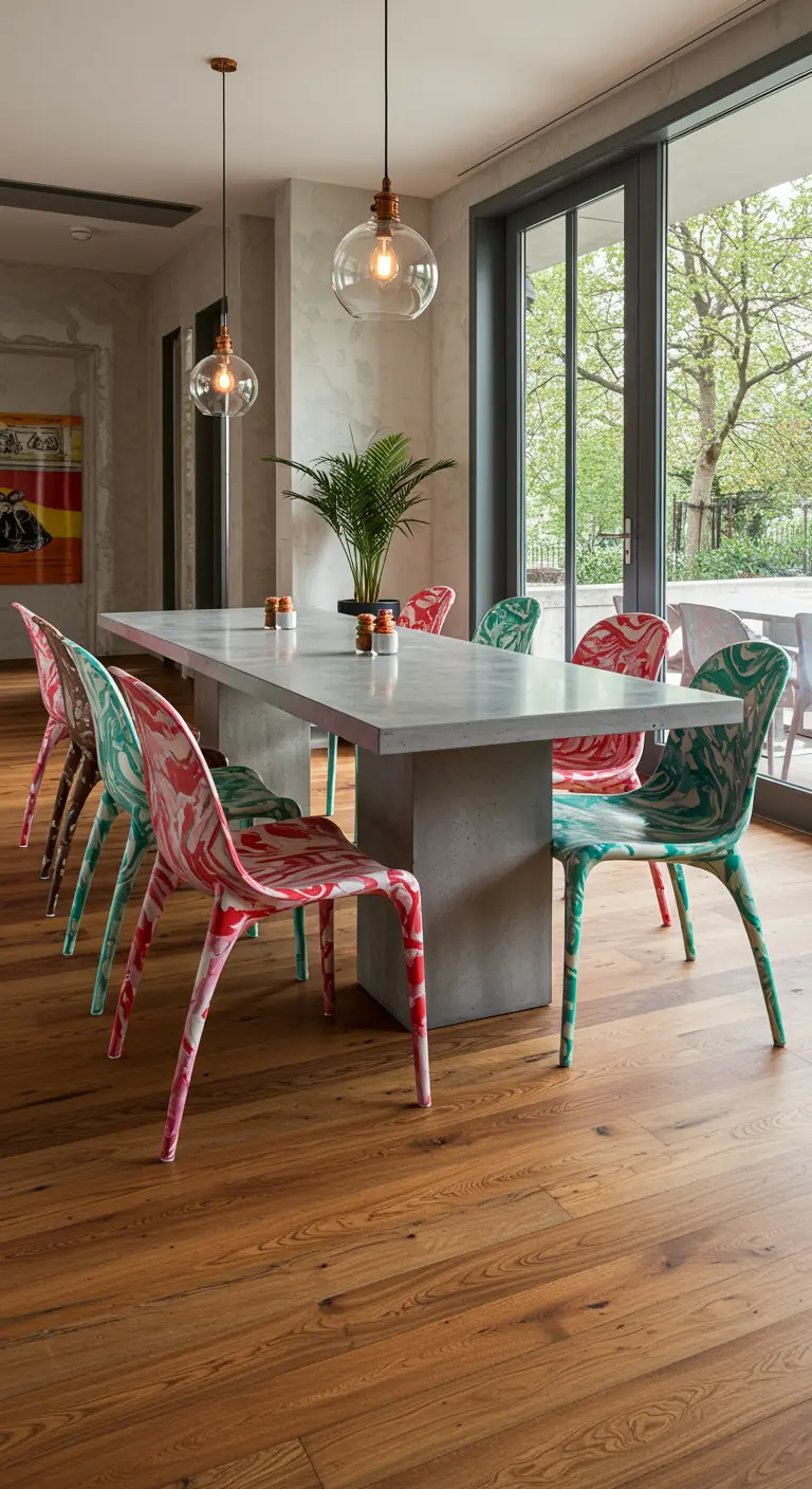 Eetkamer met marmer-effect stoelen in roze, groen en blauw rond een betonnen tafel.