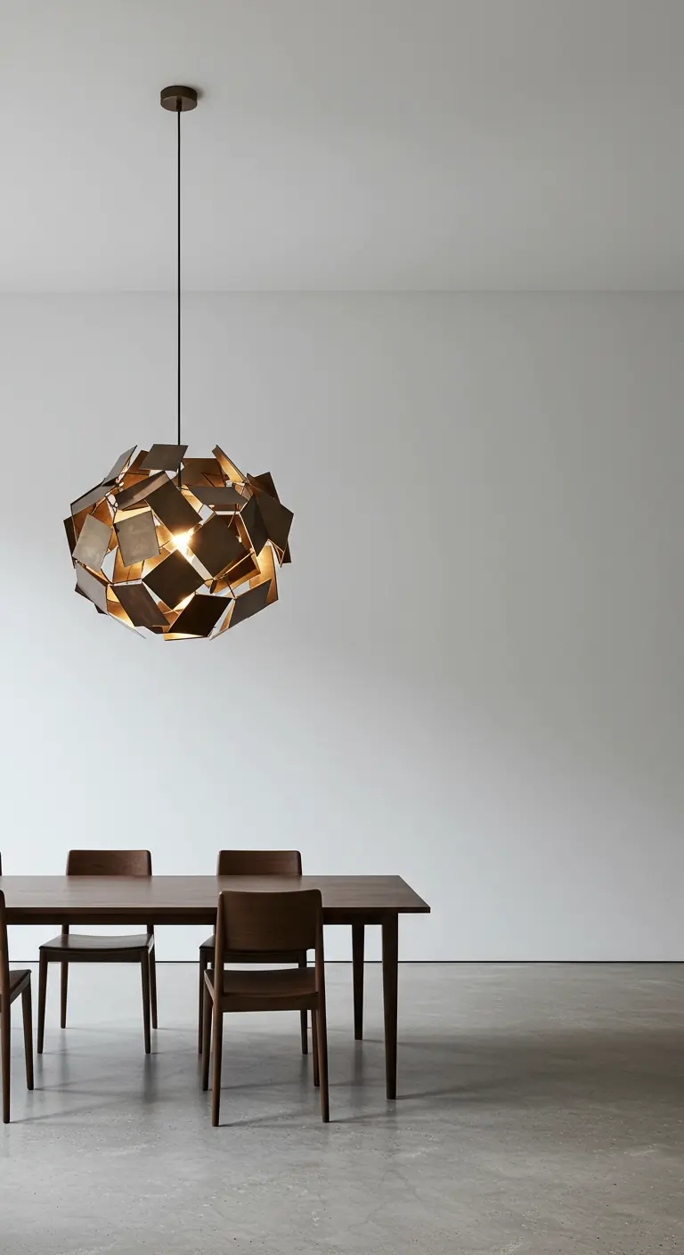 Abstracte bronzen hanglamp met overlappende metalen plaatjes boven een donkere houten eettafel.