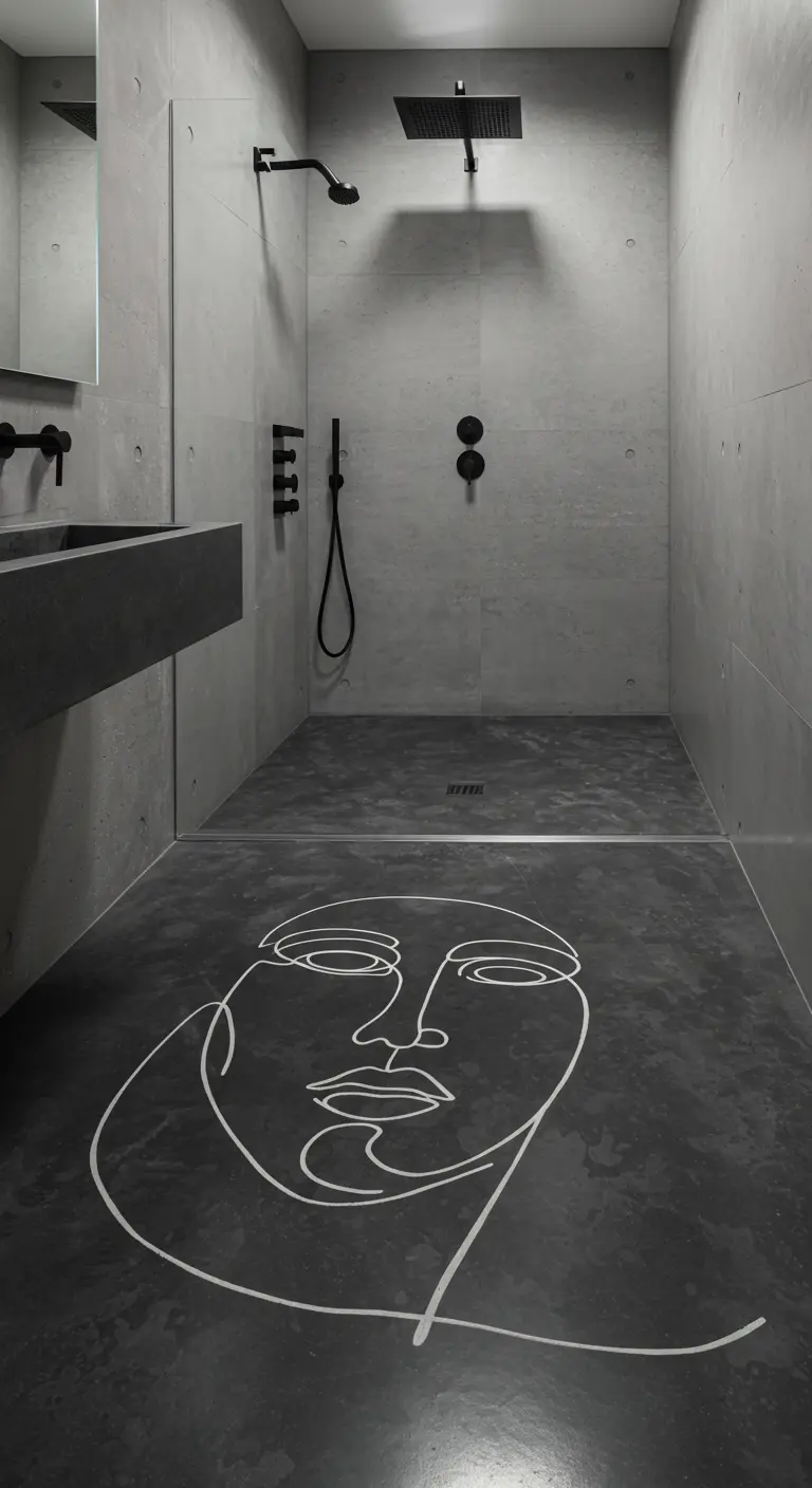 Donkergrijze betonnen douchevloer met een witte lijntekening van een abstract gezicht.