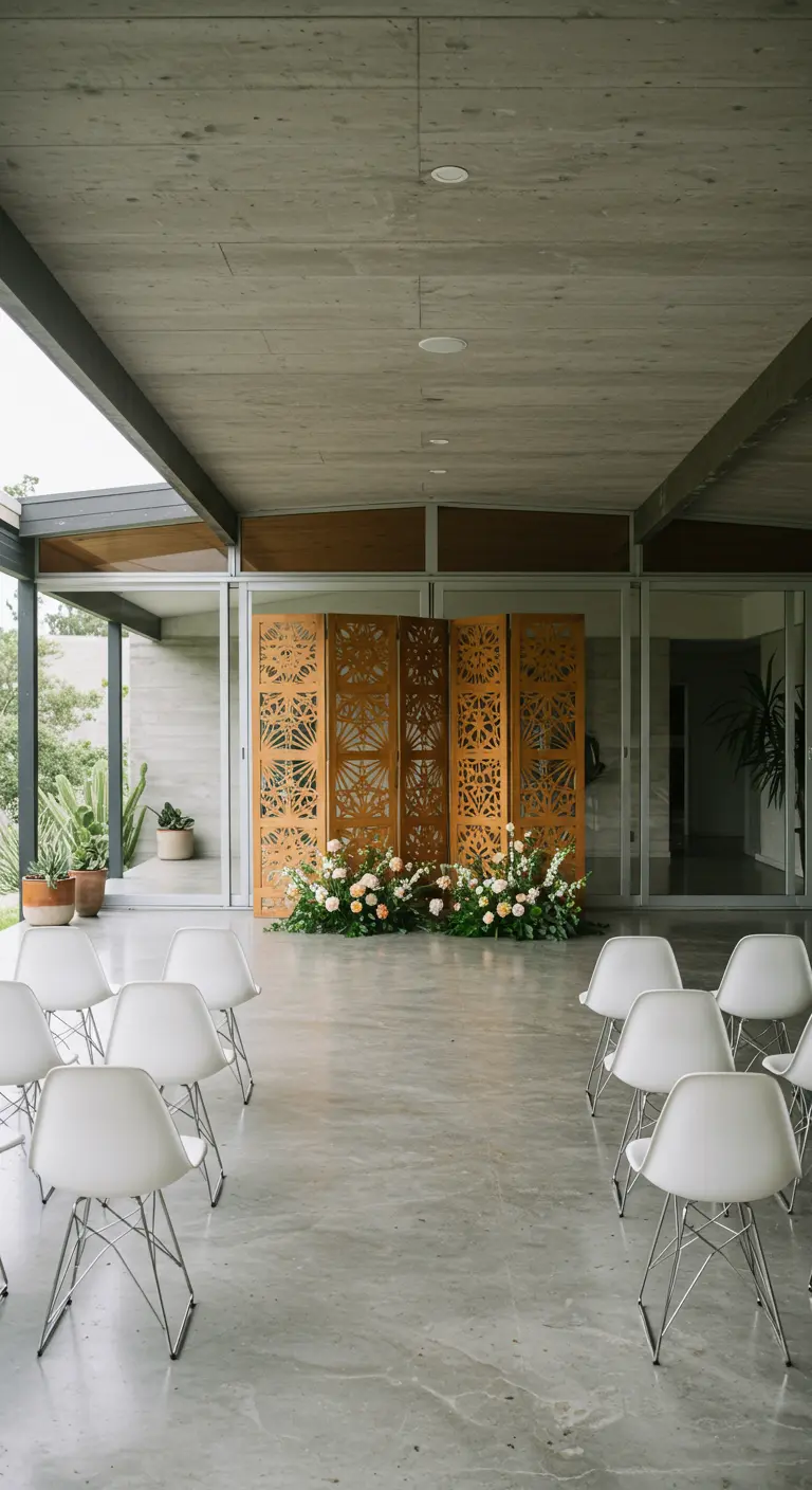 Moderne ceremonieplek met decoratief houten scherm en bloemstukken.