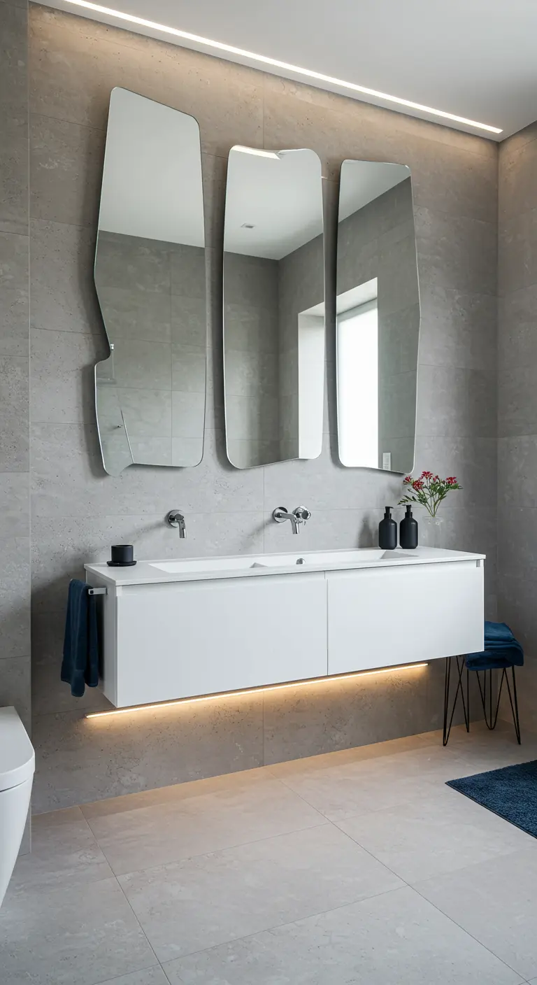 Moderne badkamer met drie langwerpige, asymmetrisch gevormde spiegels boven een wit meubel.