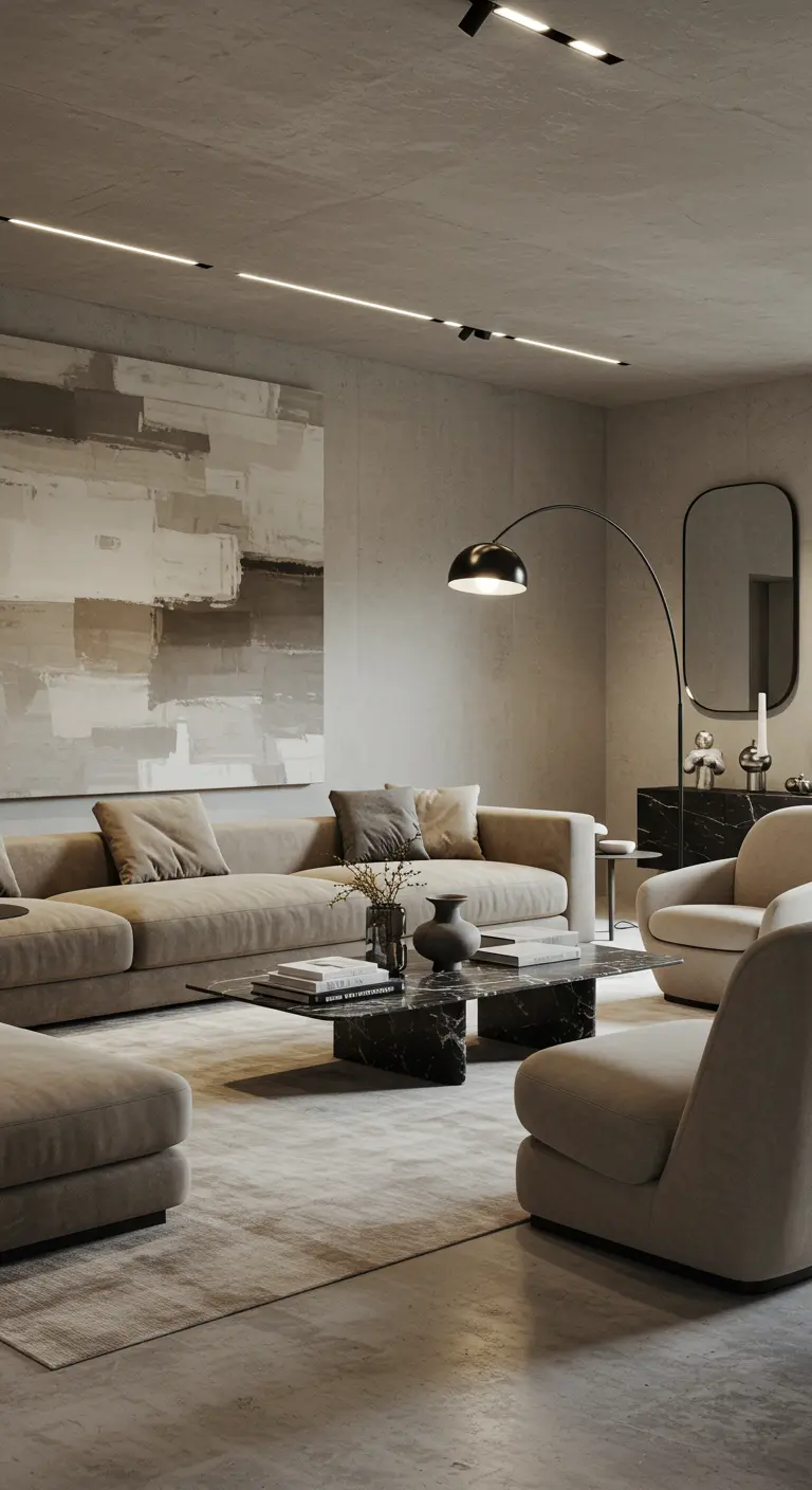 Moderne woonkamer met betonnen muren, beige bank en groot abstract schilderij.
