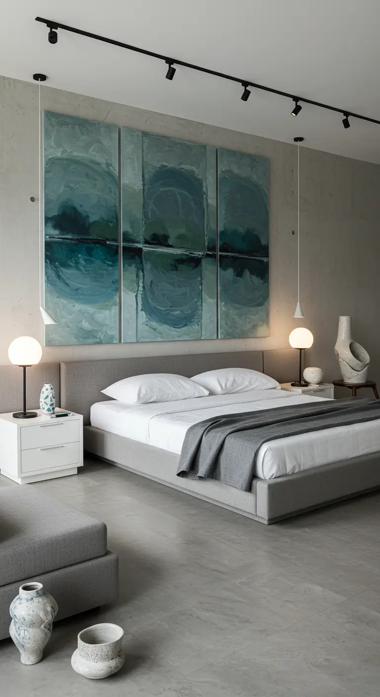 Moderne slaapkamer met een hoofdbord van vier abstracte schilderijen in blauw-grijstinten.