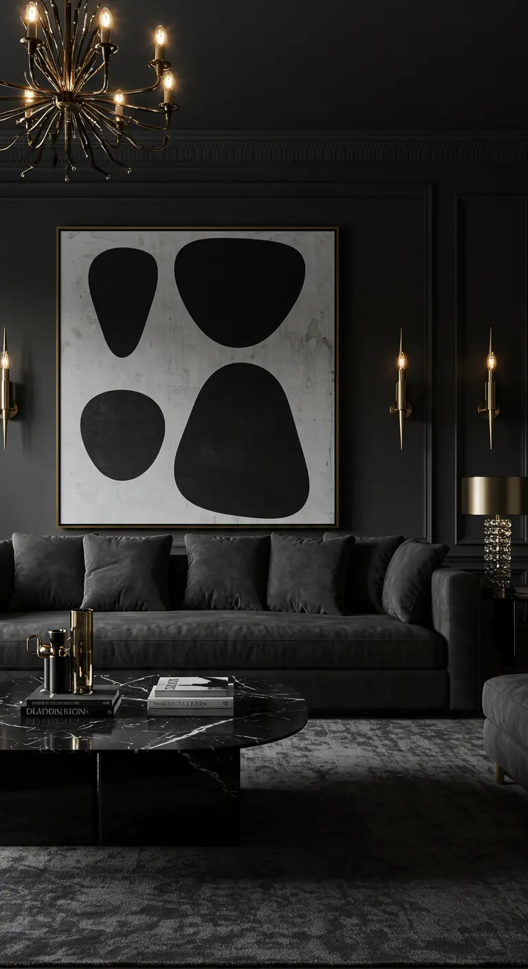 Donkere luxe woonkamer met grote abstracte print van zwarte organische vormen.