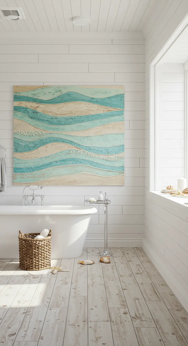 Lichte badkamer met wit houten lambrisering en een groot abstract kunstwerk in beige en blauwtinten.