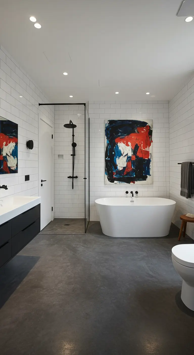 Moderne badkamer met groot abstract schilderij in rood, blauw en wit boven vrijstaand bad.