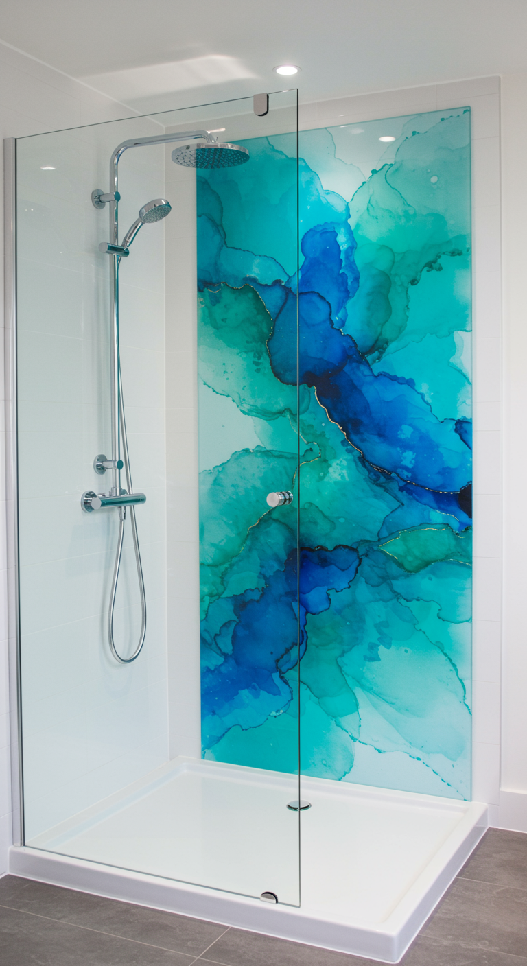 Glazen douchewand bedrukt met abstracte blauw-turquoise alcoholinkt kunst.