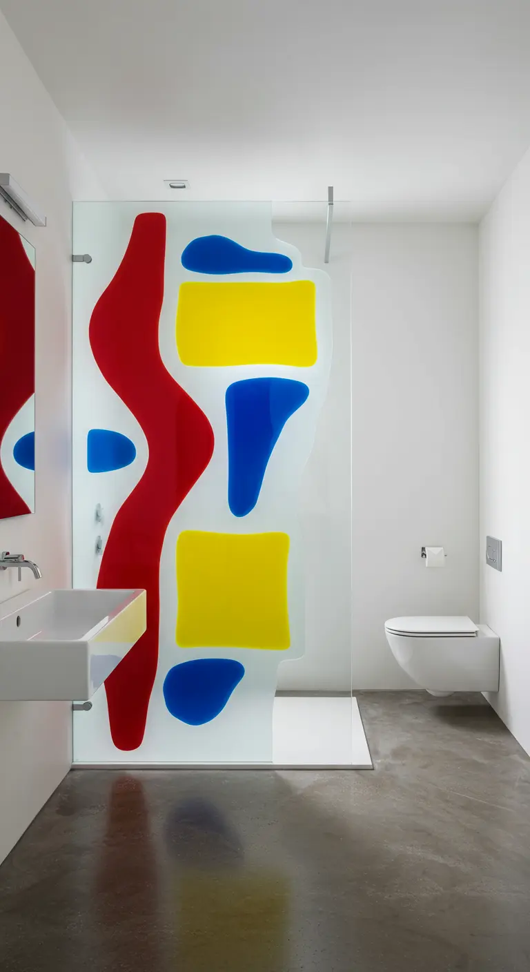 Witte badkamer met een glazen douchewand met abstracte rode, gele en blauwe vormen.