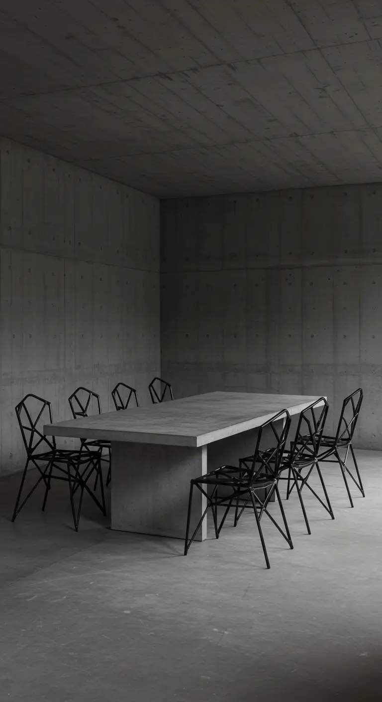 Minimalistische eetkamer met geometrische zwarte stoelen en betonnen muren.