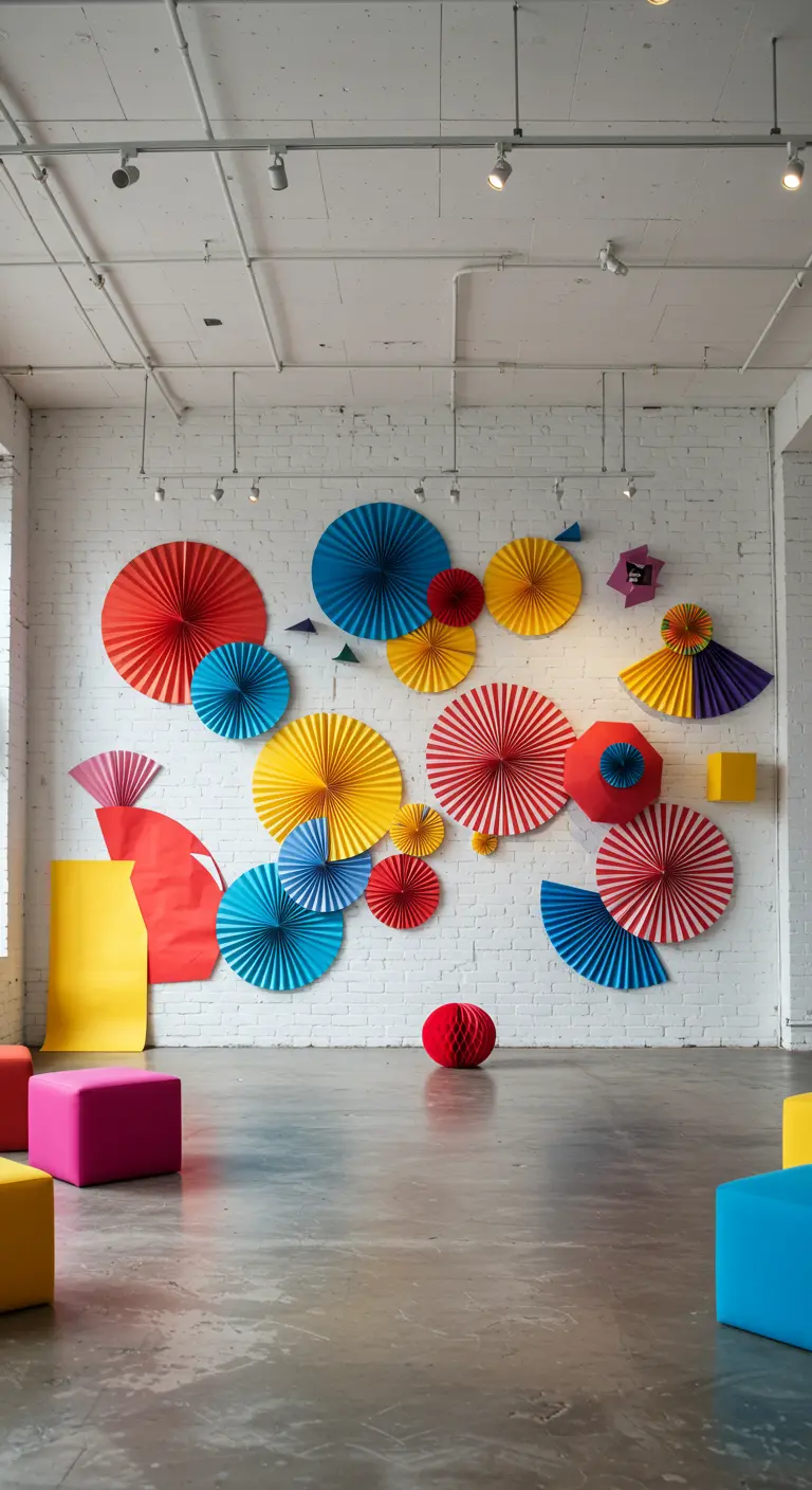 Moderne wanddecoratie met felgekleurde papieren waaiers op een witte muur.