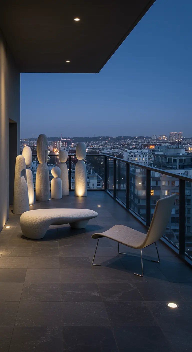 Modern balkon 's avonds met abstracte stenen sculpturen, loungestoel en stadszicht.
