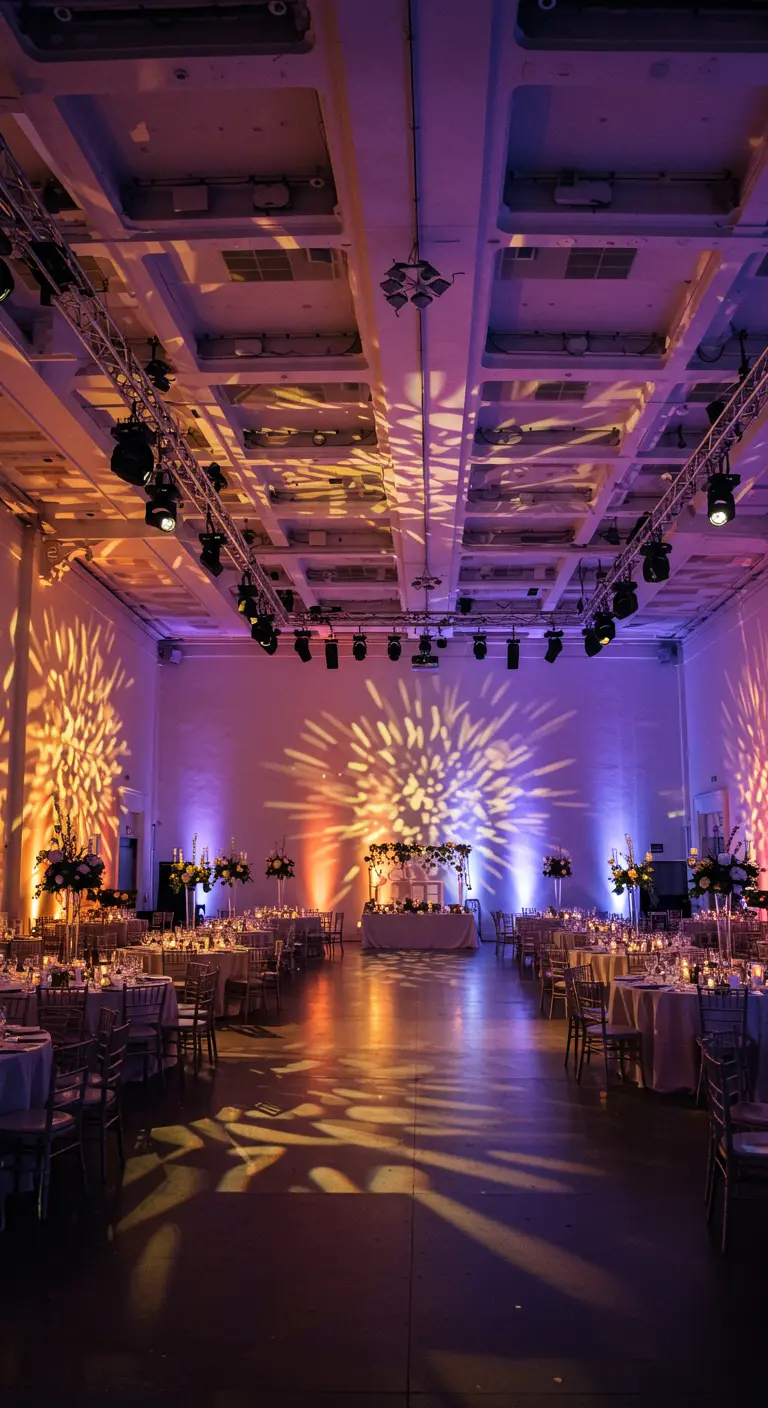 Grote evenementenhal met warme, abstracte lichtprojecties op de muren en het plafond
