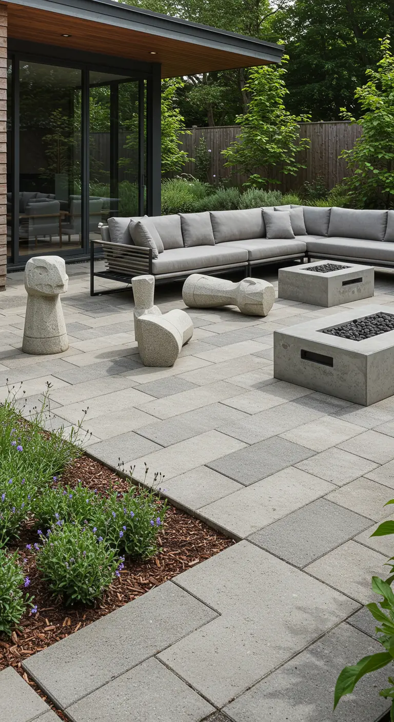 Modern terras met grijze loungeset, vuurtafels en diverse abstracte, organisch gevormde stenen sculpturen.