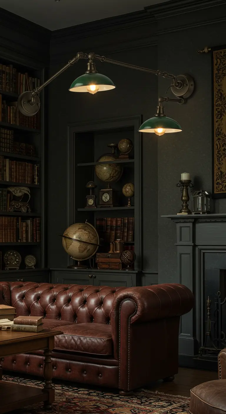 Donkere, academische stijl woonkamer met boekenkasten, leren bank en een dubbele zwenkarm wandlamp.
