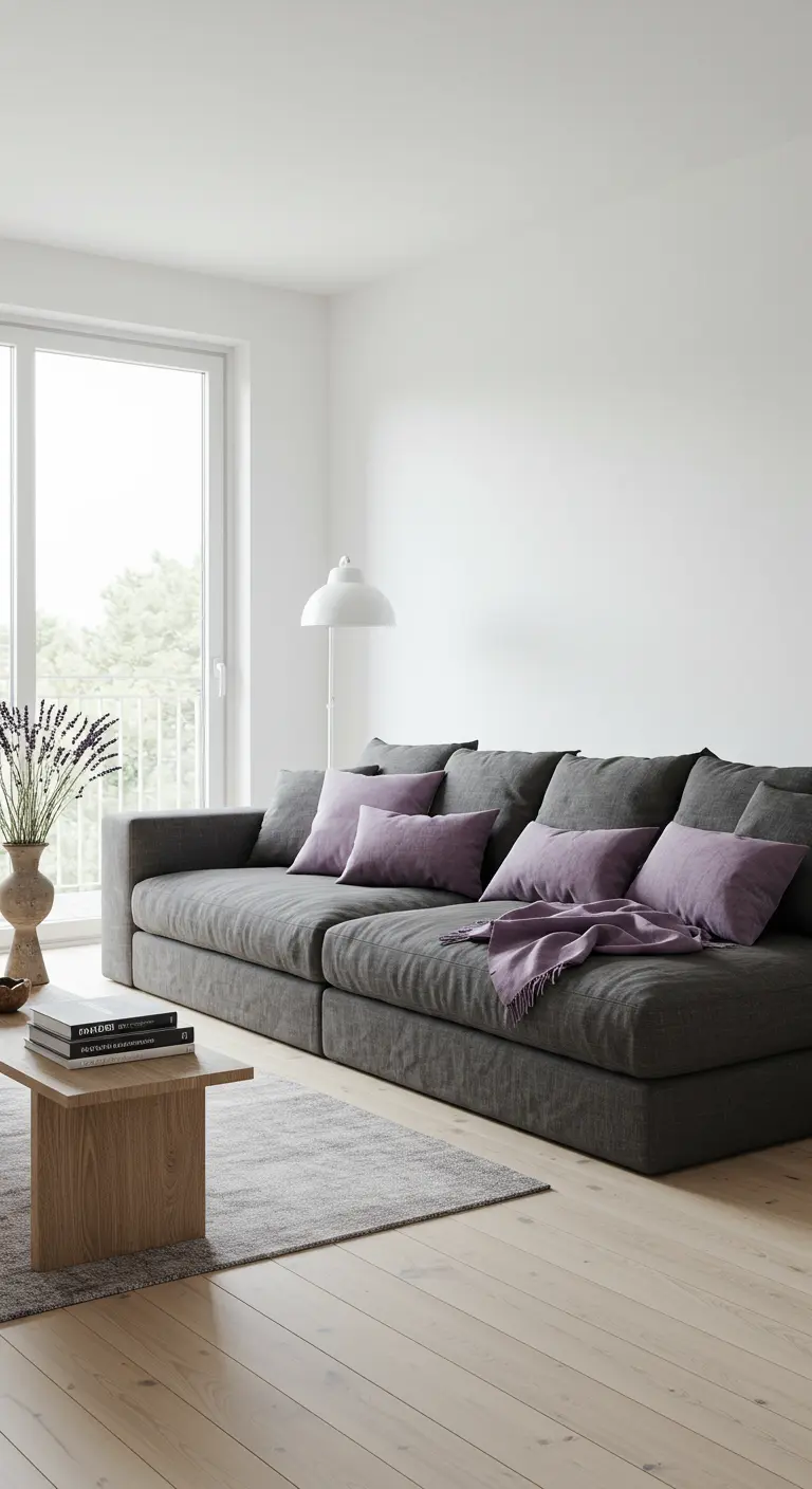 Moderne woonkamer met donkergrijze bank, lavendel kussens en plaid, houten salontafel.