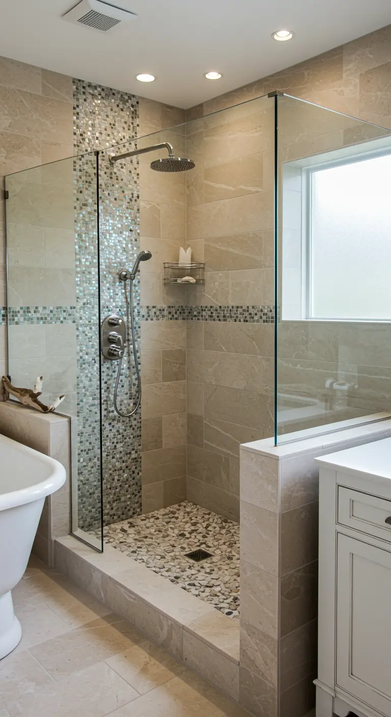 Douche met beige tegels, verticale mozaïekstrook, kiezelvloer en glazen wand.