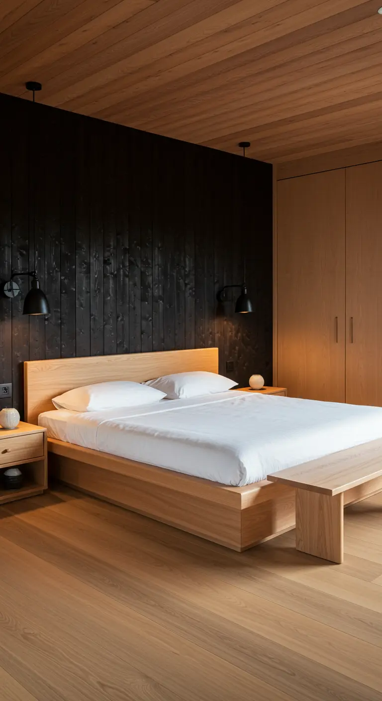 Japandi slaapkamer met donkere houten accentmuur en licht houten bed.