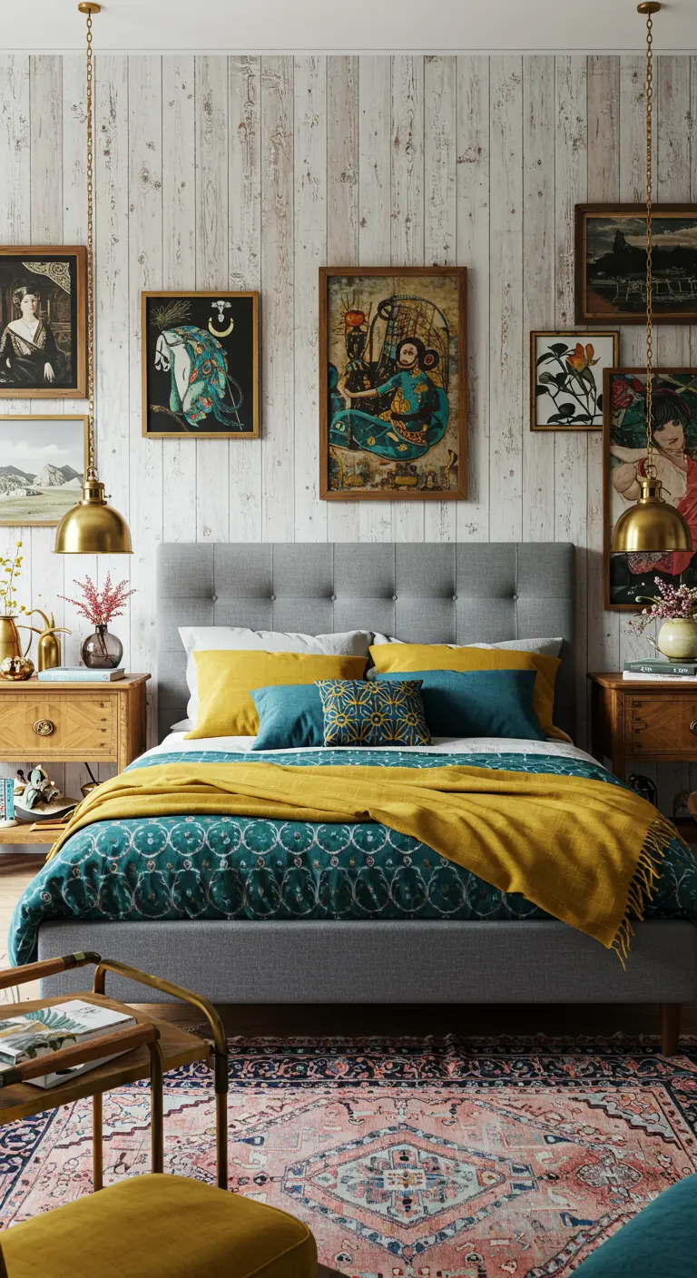 Eclectische slaapkamer met houten panelen achter het bed en kleurrijke kunst.