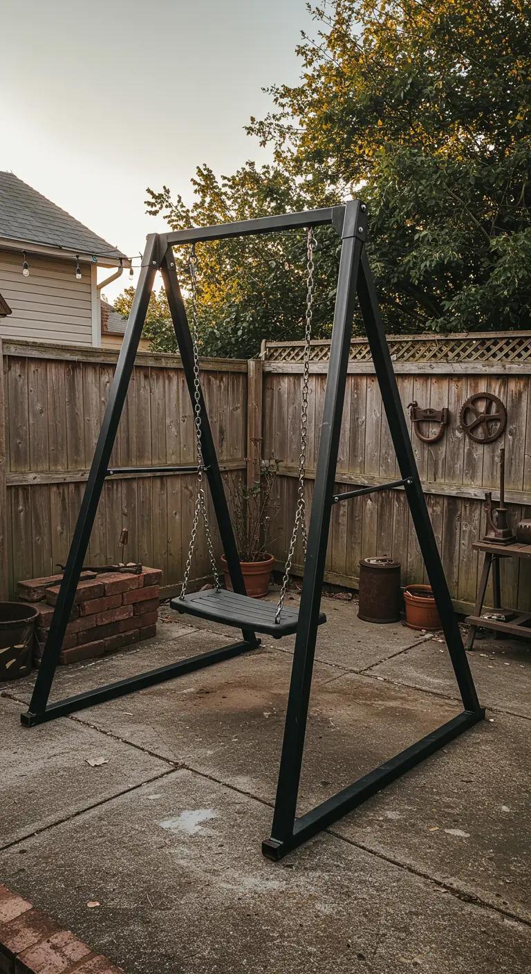 Zwart stalen schommelframe met houten schommelzitting in een achtertuin met houten schutting