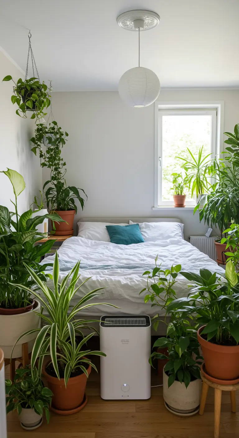 Lichte slaapkamer vol met diverse luchtzuiverende planten en een luchtreiniger.