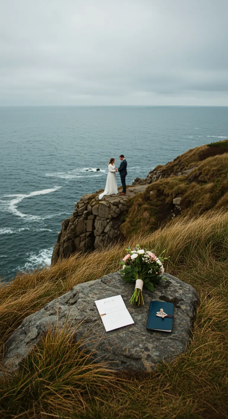 Intieme trouwceremonie op klif met uitzicht op zee, bloemstuk en geloftenboekje op rots.