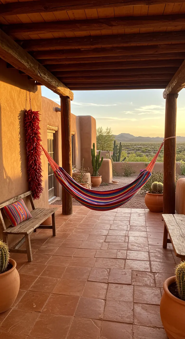 Kleurrijke hangmat op een overdekt terras in adobe-stijl met cactussen en terracotta.