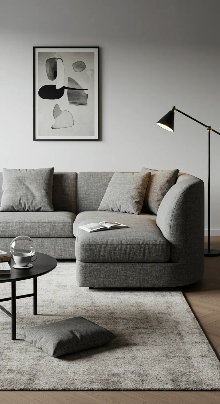 Grijze L-vormige bank met afgeronde hoek, abstract kunstwerk, zwarte vloerlamp, los vloerkussen.