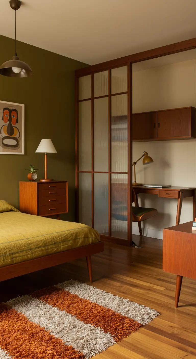 Slaapkamer in mid-century stijl met werkplek achter een glazen schuifwand.