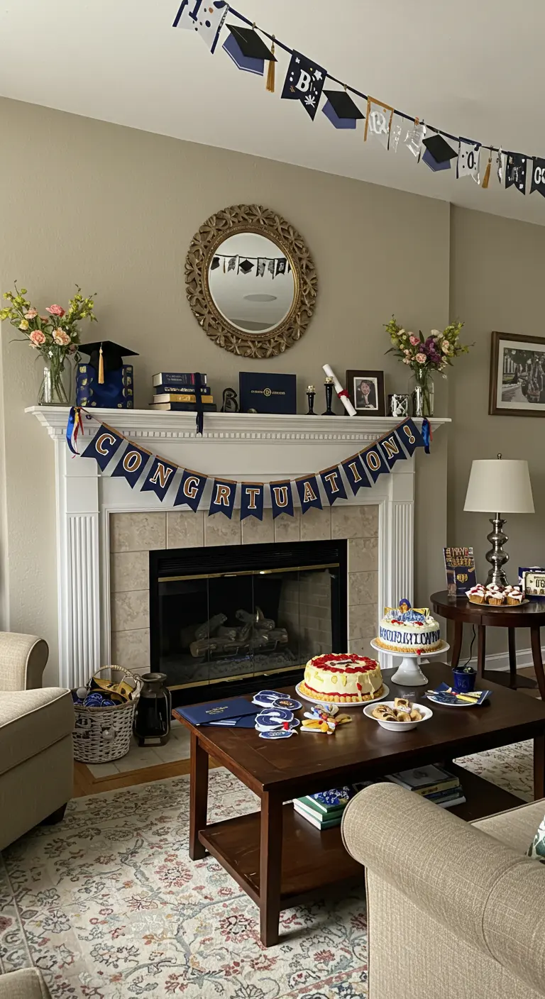 Open haard versierd voor een afstudeerfeest met 'Congratulations' banner en afstudeerhoedjes.