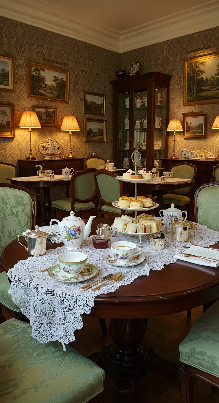 Klassieke tearoom setting met donkerhouten tafel, kanten kleed en etagère.