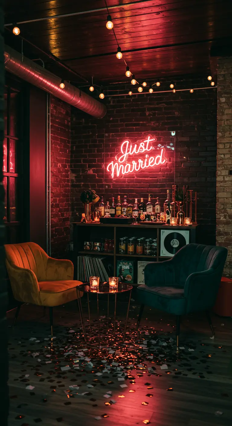 Donkere afterparty setting met 'Just Married' neon, drankbar en fluwelen stoelen.