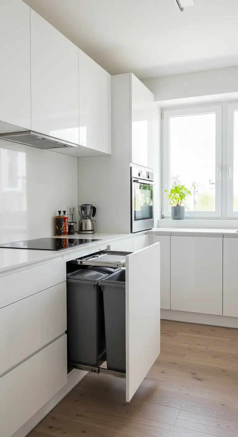 Witte, moderne keuken met een uitgeschoven lade waarin twee afvalbakken netjes zijn weggewerkt.