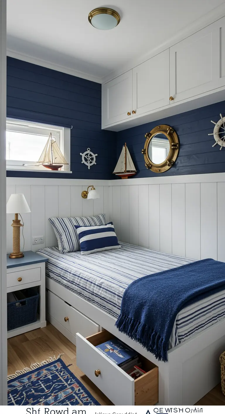 Kleine slaapkamer in maritieme stijl met blauw-witte kleuren, houten lambrisering en bed met lades.