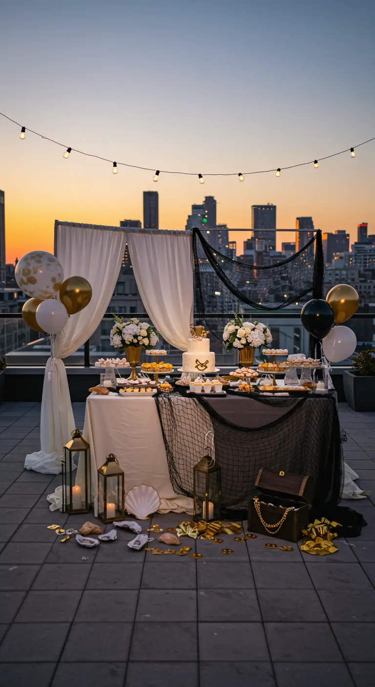 Gender reveal met piratenthema, zwart, wit, goud, schatkist op dakterras.