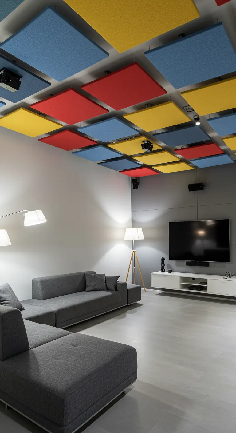 Mediakamer met gekleurde akoestische panelen (rood, geel, blauw) aan het plafond.