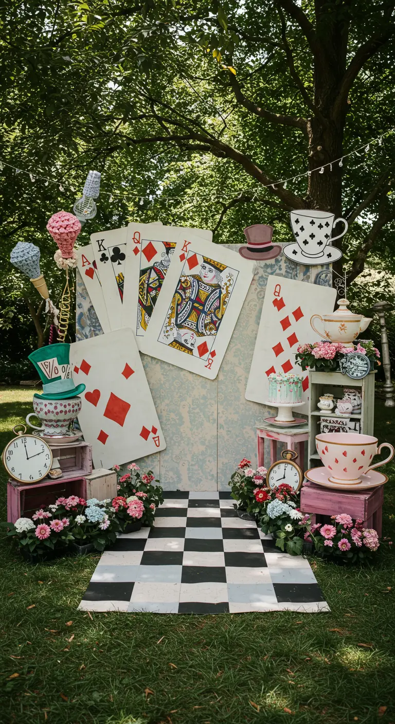 Alice in Wonderland photobooth met oversized speelkaarten, theekopjes, klokken, geblokte vloer en bloemen.