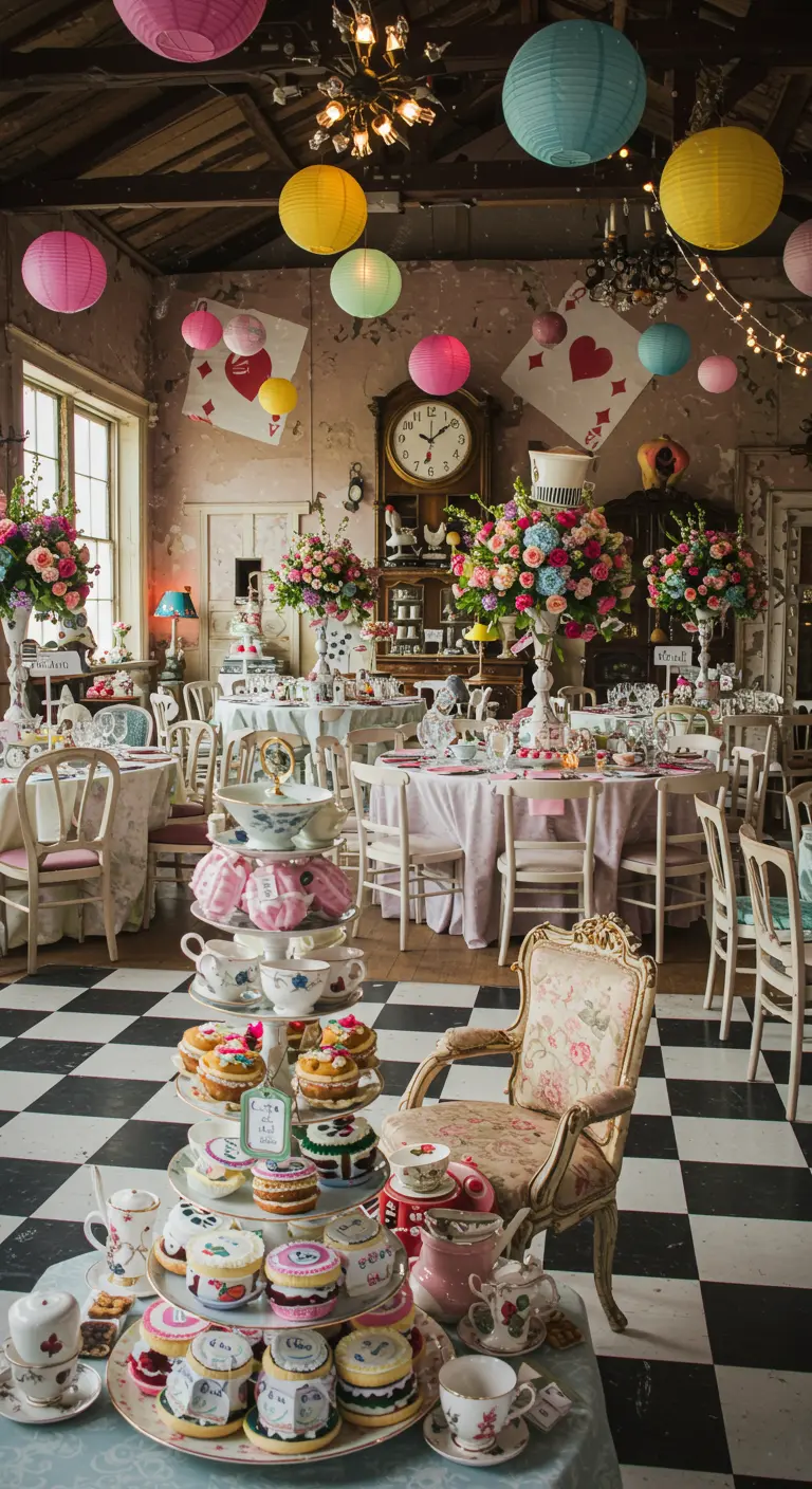 Alice in Wonderland thema desserttafel met speelse decoraties en kleurrijke lekkernijen.