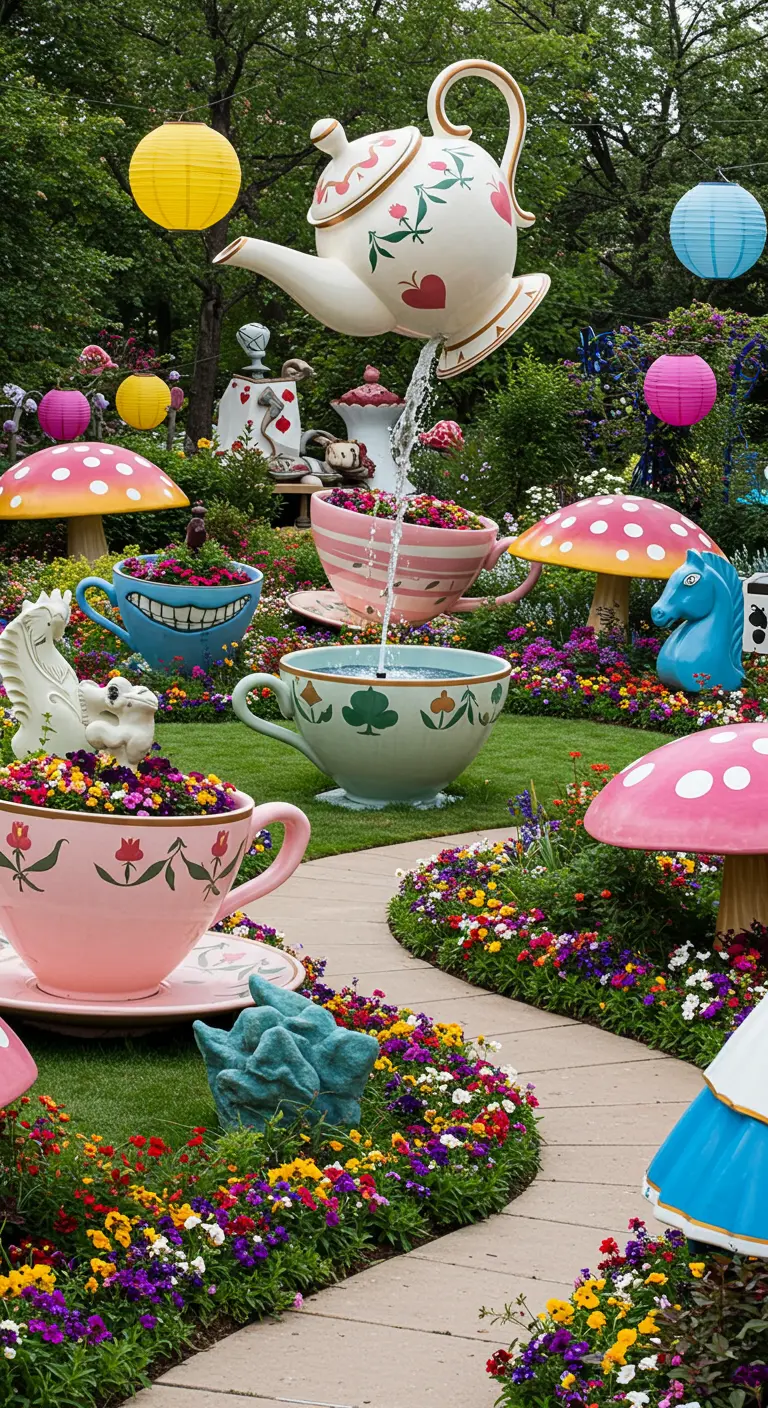 Alice in Wonderland tuin met oversized theekopjes als plantenbakken/fonteinen, bloemen, paddenstoelen.