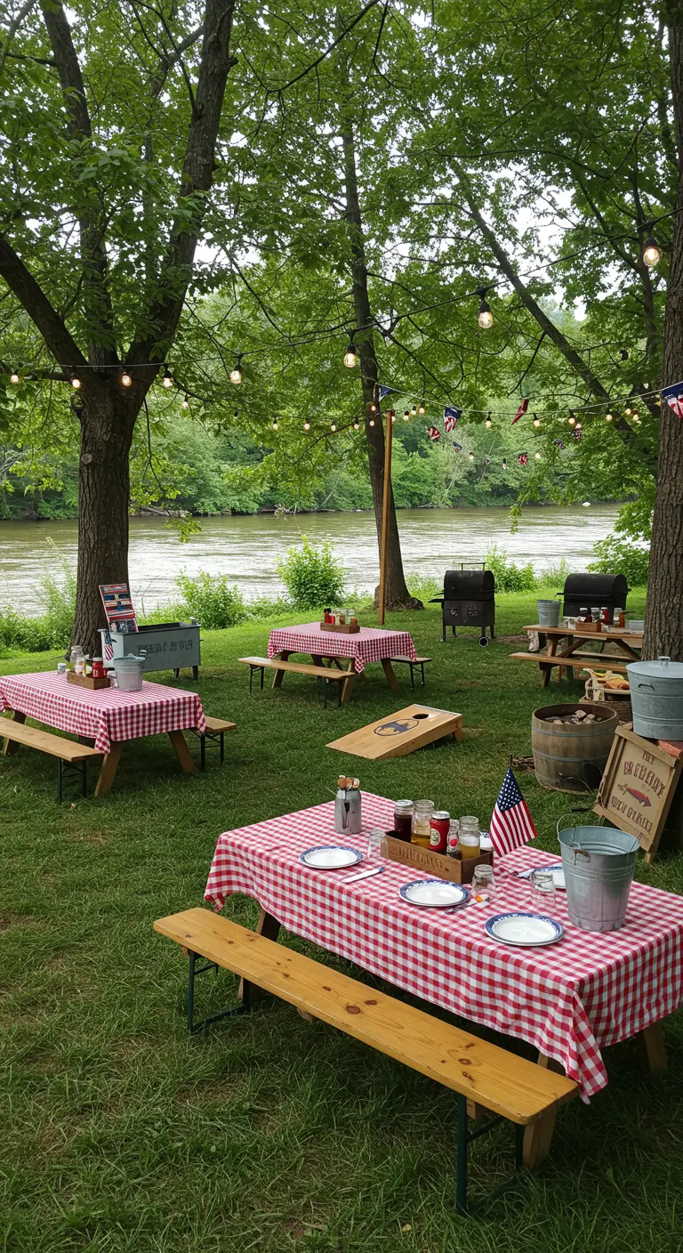 Amerikaanse BBQ-setting aan een rivier met picknicktafels, rood-witte kleden en lichtslingers.