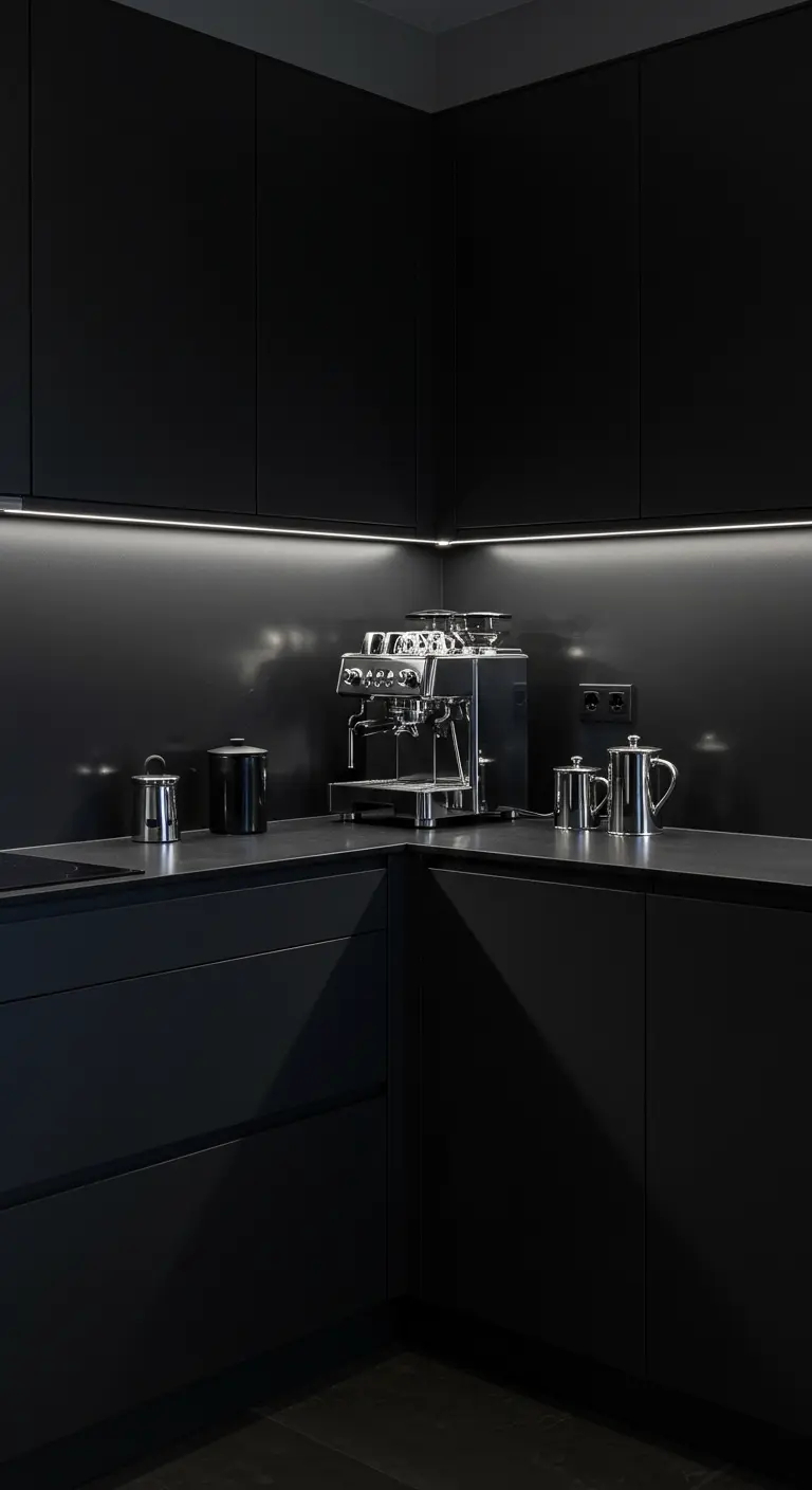 Moderne, volledig zwarte koffiecorner met strakke lijnen en LED-verlichting.
