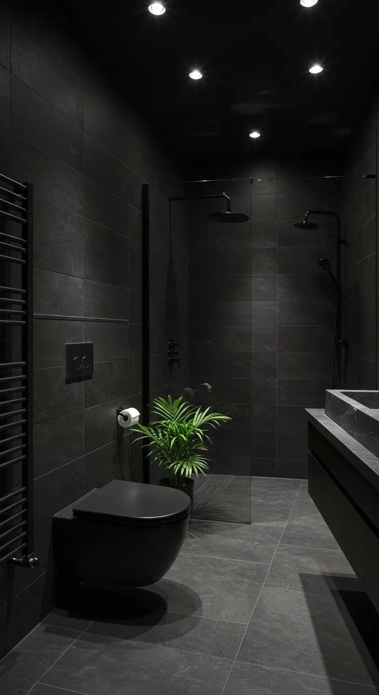 Moderne, volledig zwarte badkamer met matzwart hangtoilet en groene plant.
