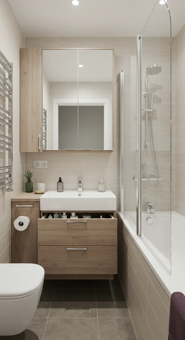 Compacte badkamer met bad-douchecombinatie, houten meubel en spiegelkast.