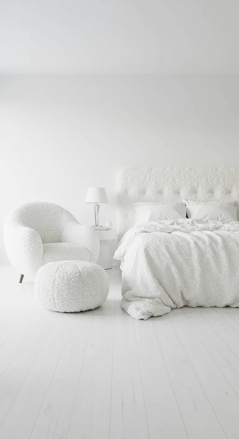 Volledig witte slaapkamer met teddy hoofdbord, sprei, fauteuil en hocker.
