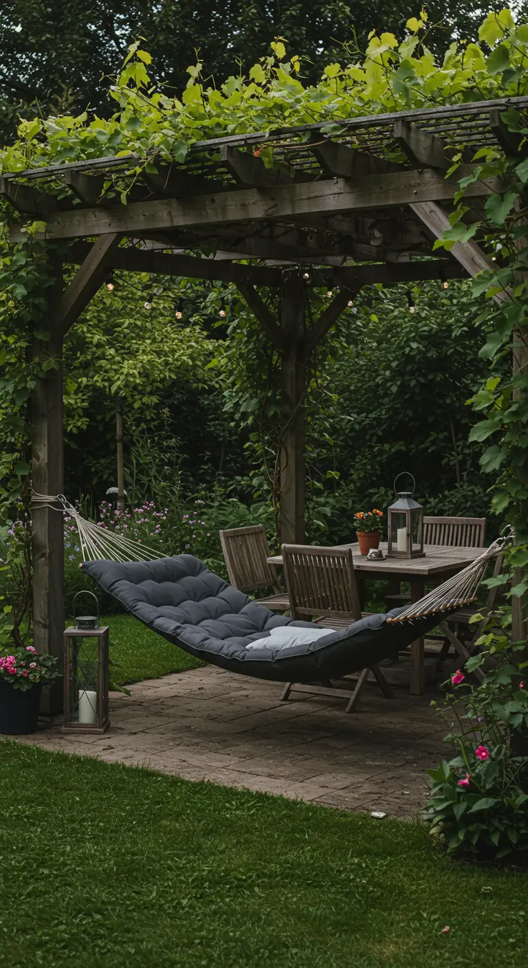 Donkergrijze gewatteerde hangmat onder een houten pergola met klimplanten en eethoek.