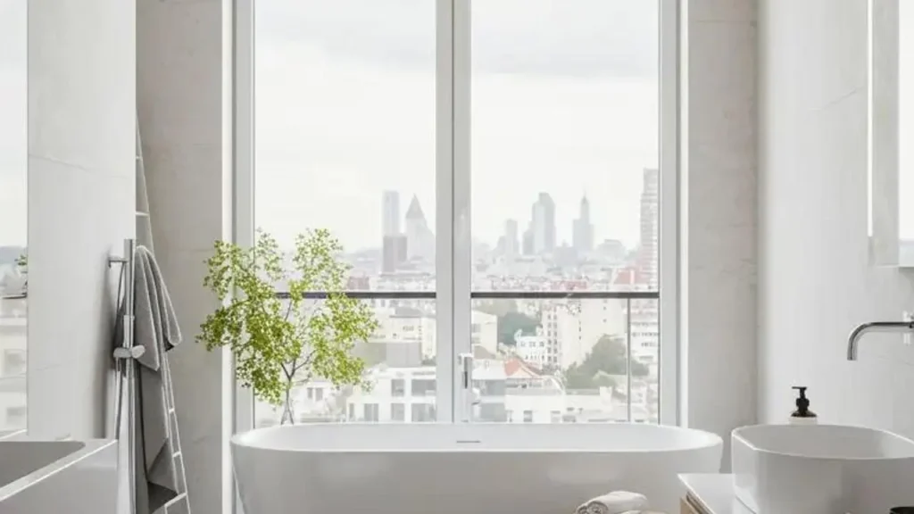 Minimalistische badkamer met betegelde vloer en uitzicht op de stad.