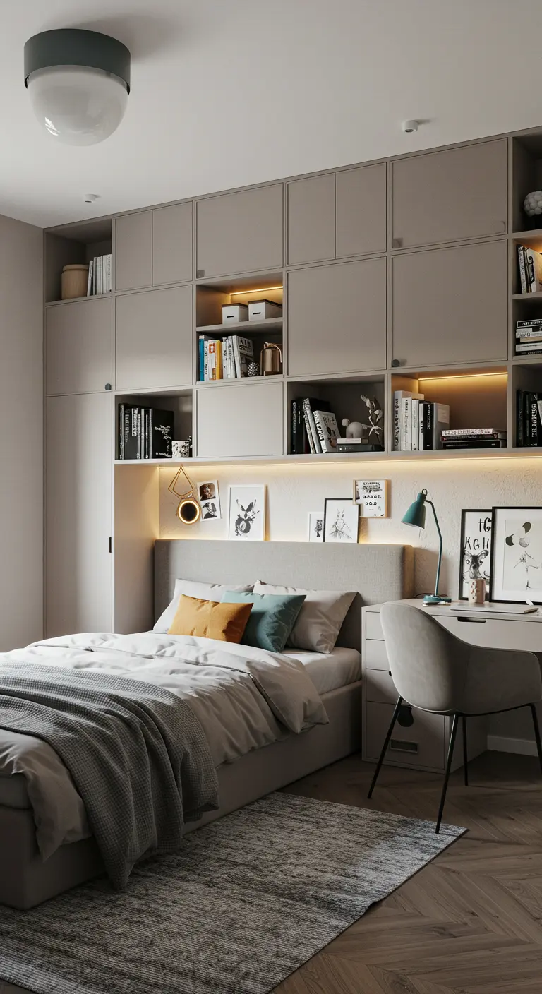 Moderne grijze inbouwkast met nis voor bed en geïntegreerd bureau in een compacte slaapkamer.