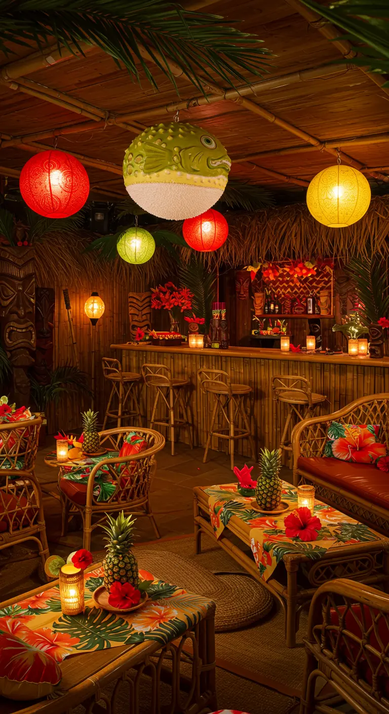 Tropisch Tiki bar verjaardagsfeest met bamboe en lampionnen.