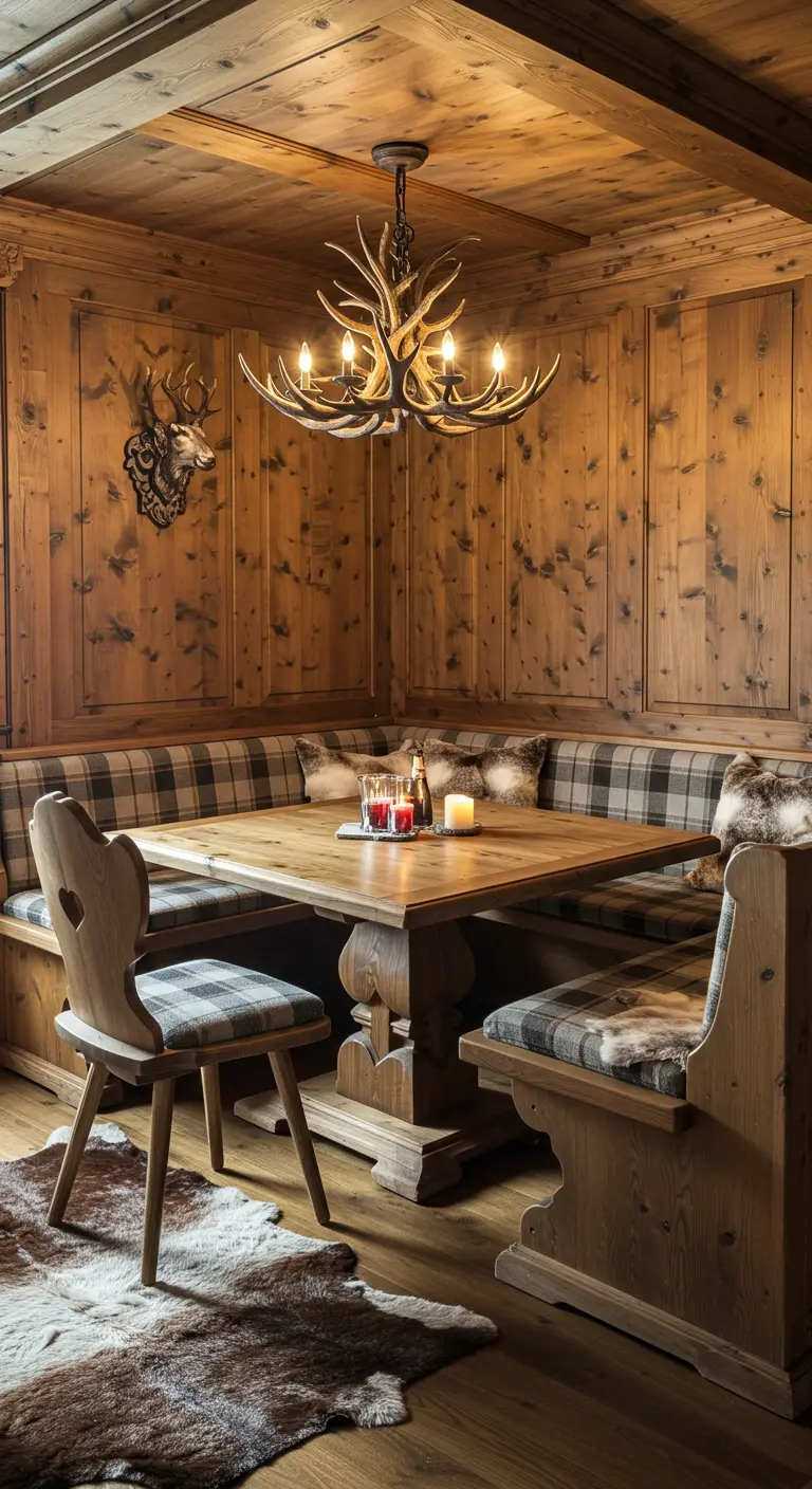 Rustieke Alpenchalet eethoek met veel hout, geruite kussens en hertengewei lamp.