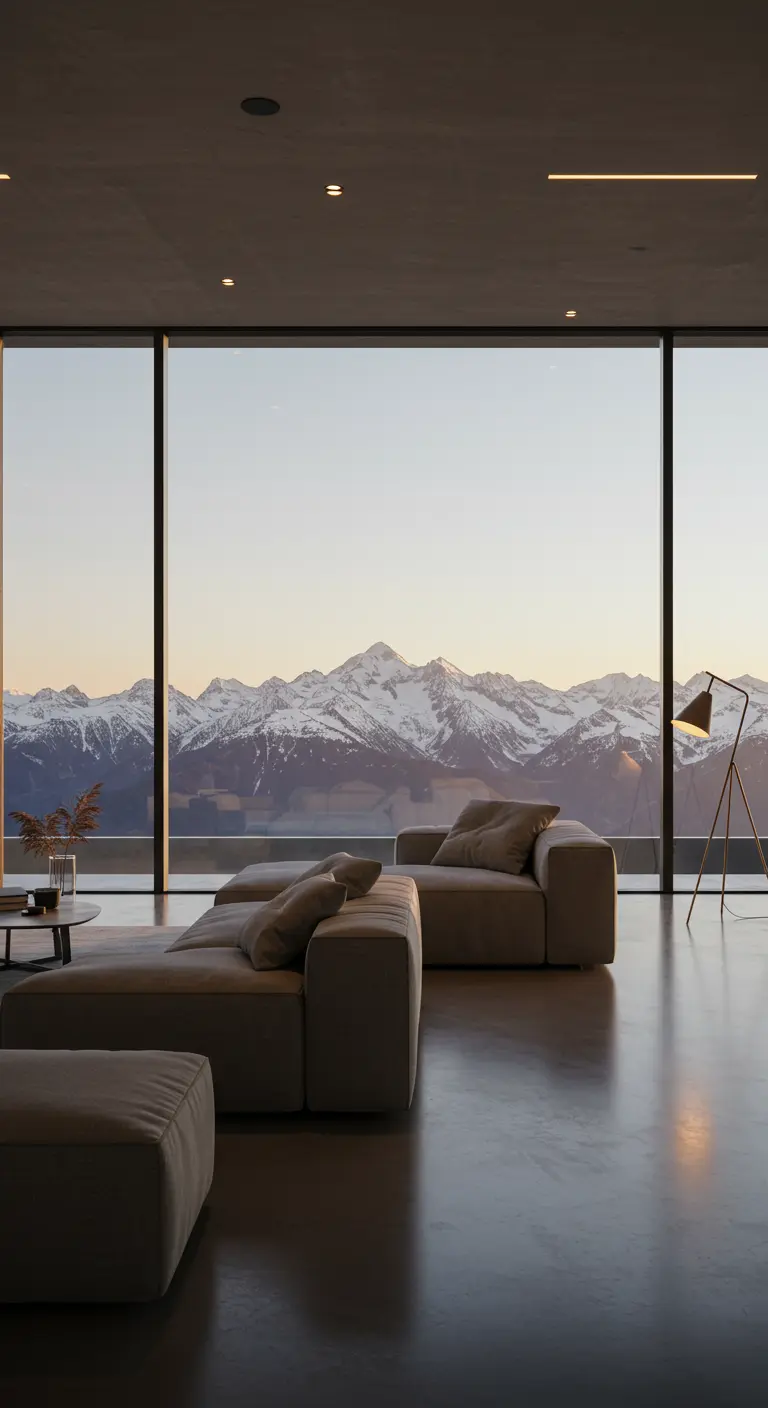 Moderne woonkamer met lage banken en uitzicht op besneeuwde bergen bij zonsondergang.